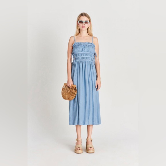 CULT GAIA Lola Smocked Linen Midi Dress Blue Steel NWT - Picture 13 of 13